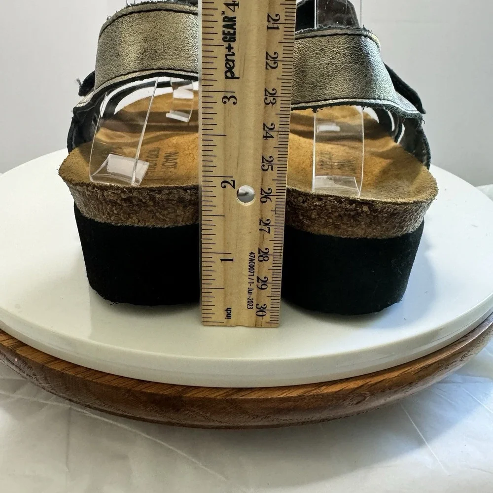Naot Leather Strappy Boho Wedge Hook Loop‎ Cork Comfort Sandals 42 Gold Black